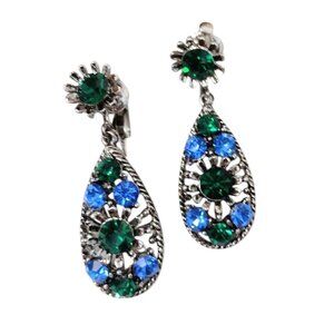 Vintage Silver Tone Rhinestone Clip On Dangle Earrings Very Sparkly Blue Green
